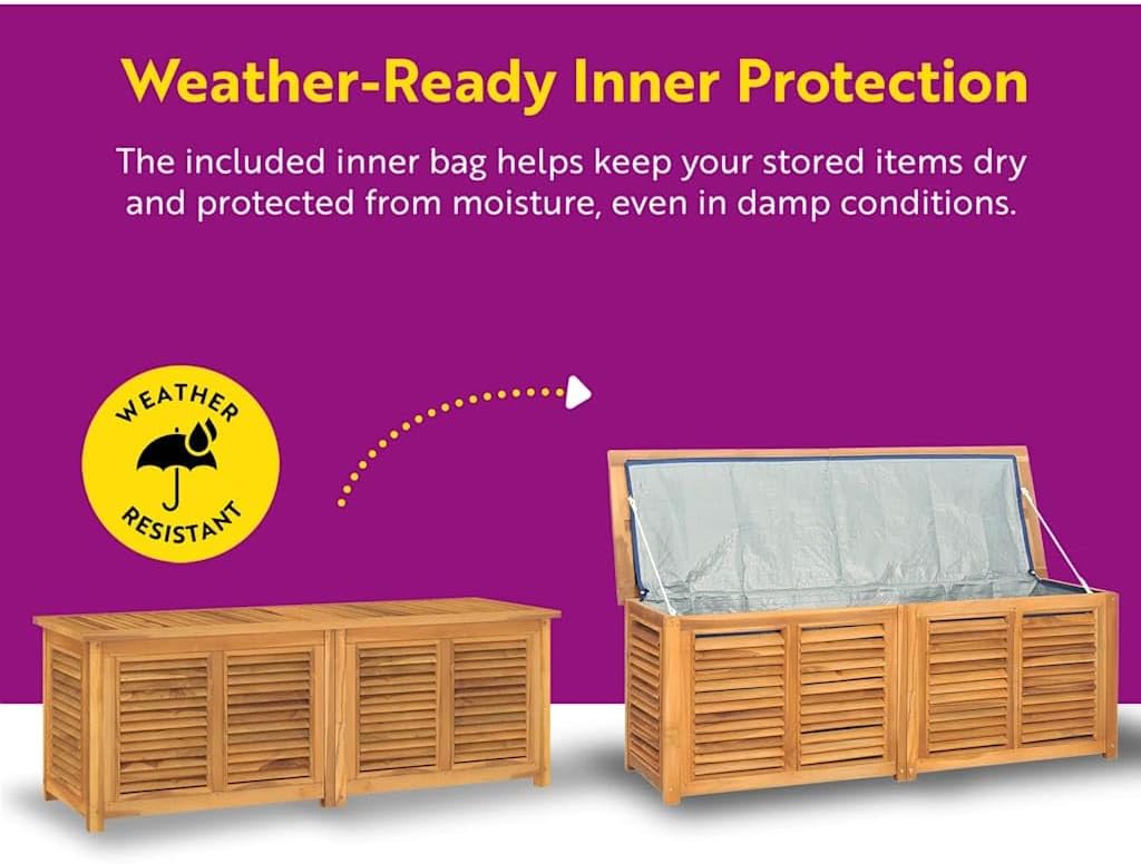 vidaXL Solid Teak Wood Patio Storage Box with Water- PE Bag, ic Indoor and Outdoor Furniture with Ample Storage Space – 68.9'x19.7'x20.9'