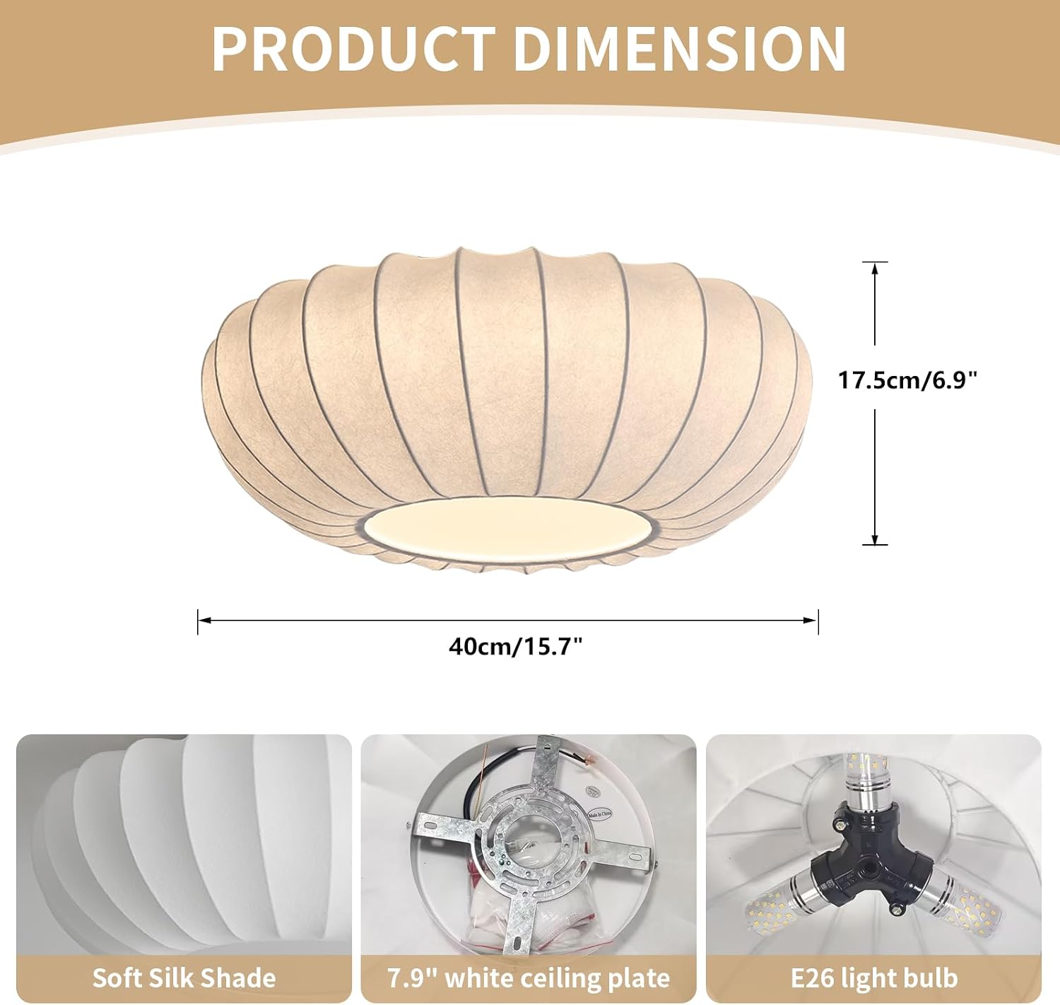 Japanese Silk Flush Mount Ceiling Light 16 Inch White Kitchen Ceiling Lighting Fixtures Vintage Bedroom Ceiling Light Fixtures Mid Century Modern Overhead Lamp