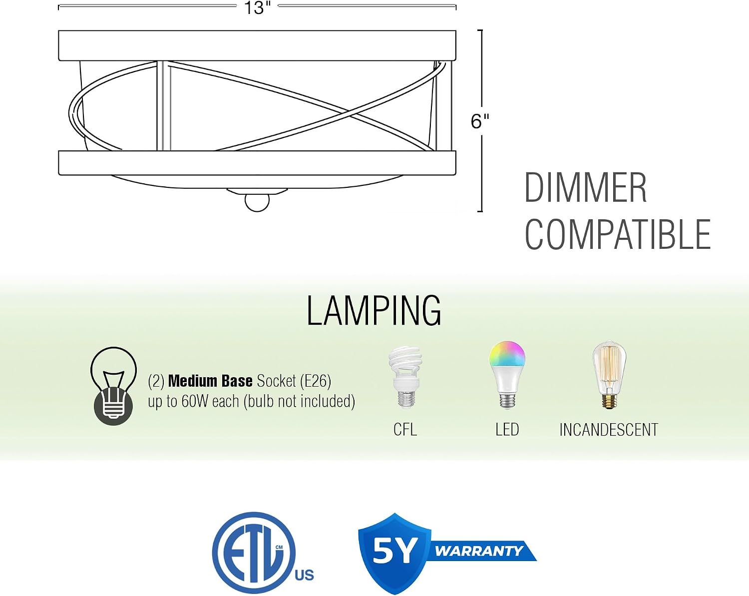 Kira Home Blaylock 13' 2-Light Farmhouse Flush Mount Ceiling Light with Hammered Glass Shade, Modern Hand-Painted Wood Grain Metal Fixture, White Ash Wood and Galvanized Steel Finish