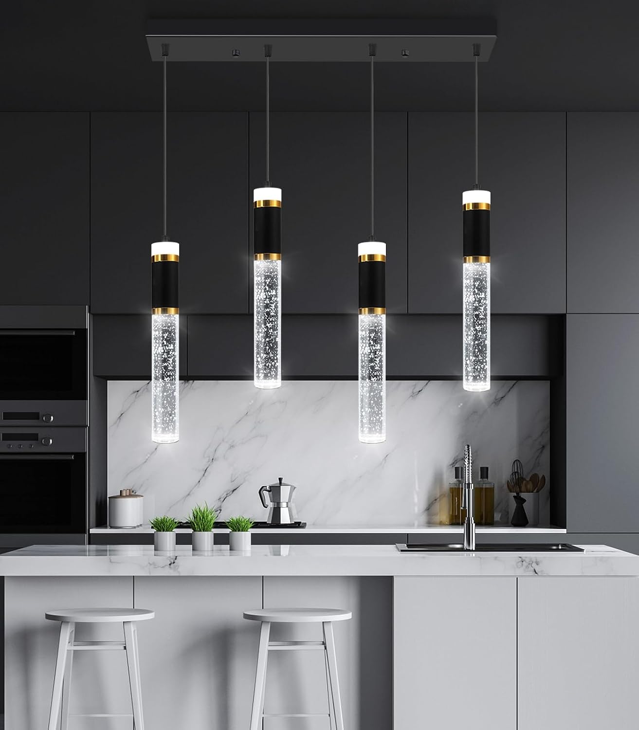 4-Lights Modern Crystal Chandeliers for Kitchen Island LED Dimmable Pendants Lighting Fixture LED Ceiling Light for Dining Room