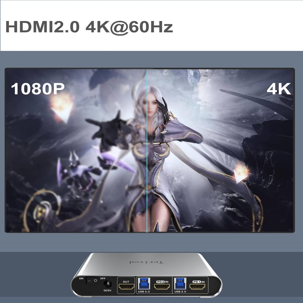 2 Port HDMI USB 3.0 KVM Switch with Aluminum Alloy Shell and Digital Display,Audio/Microphone, 4K@60Hz,hotkey,Auto EDID, HDR10 with Cables