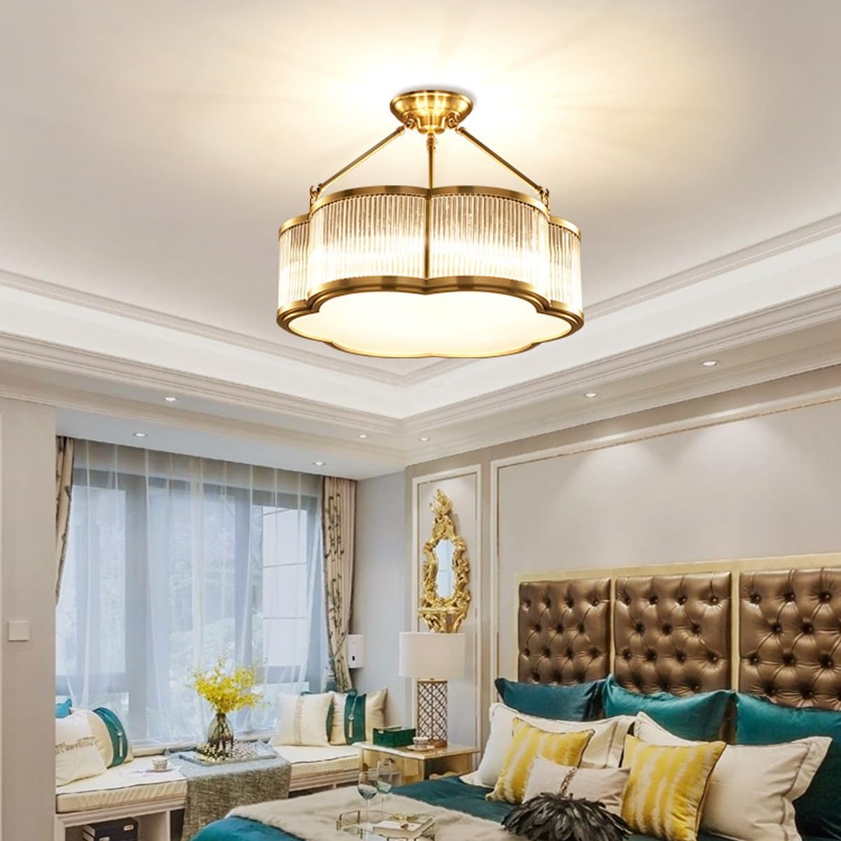Modern Semi-Flush Ceiling Light Fixture,Decorative Floral Flush Mount Chandelier,Flower Shaped Glass Ceiling Lamp,Close Ceiling Light Fixture for Bedroom Living Room Dining Room
