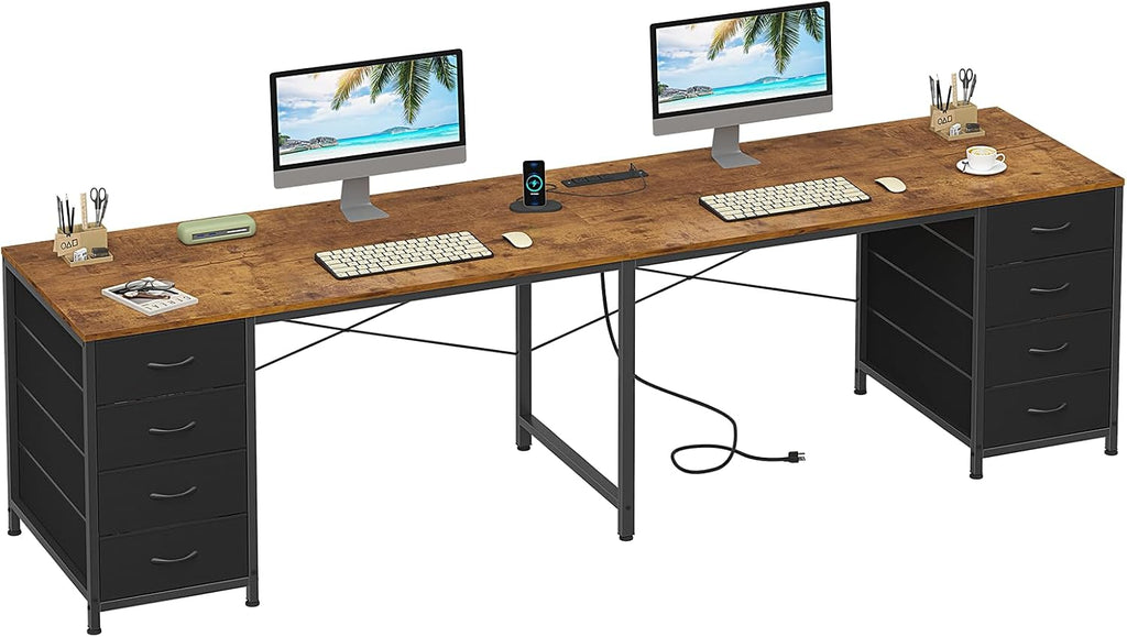 YOMILUVE 95'' Two Person Desk with 8 Drawers, Long Office Desk with Charging Station, 2 Person Desks Double Desk Writing Study Table for Home Office, Brown and White, Brown and Black