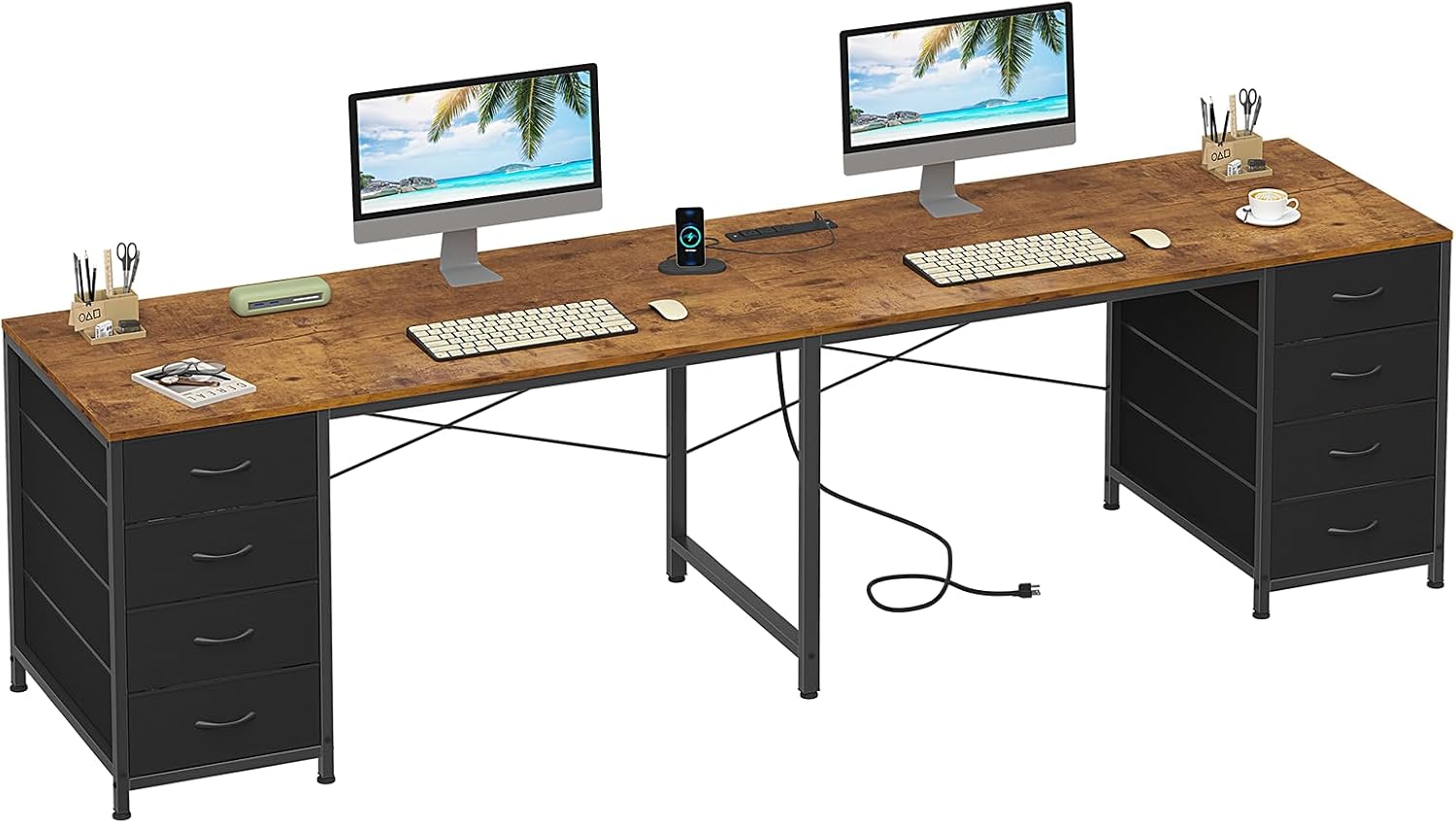 YOMILUVE 95'' Two Person Desk with 8 Drawers, Long Office Desk with Charging Station, 2 Person Desks Double Desk Writing Study Table for Home Office, Brown and White, Brown and Black