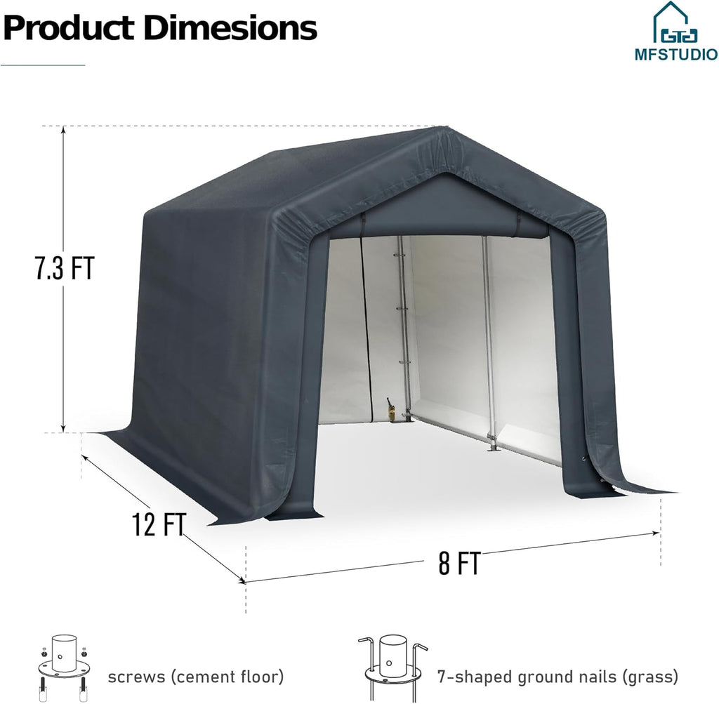 MFSTUDIO Portable Shed Garage, 8x12 Storage Tent Motorcycle Sheds Carport Heavy Duty Canopy with Rolled up Zipper Doors, Outside Utility Shelter Garages Tents for Motorcycles, Bicycles and Tools