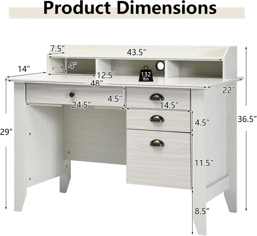 48' Vintage Computer Desk with 4 Storage Drawers & Top Hutch, Home Office Workstation with Drawer & Monitor Stand, Wooden Study Work Writing Table (White)