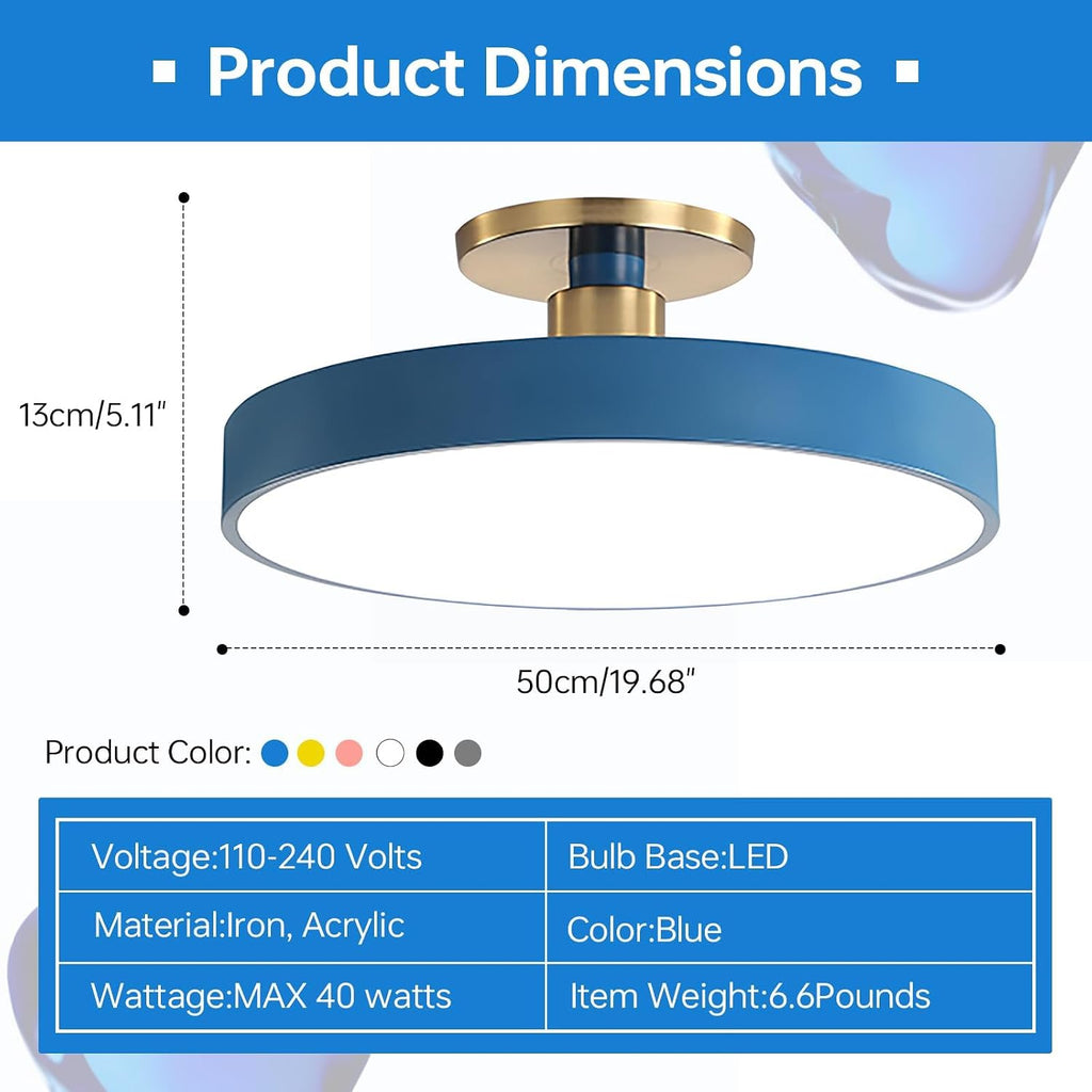 Ceiling Light 48W, 2-Pack LED Farmhouse Ceiling Liinging Blue Flush Mount Ceiling Lamp Gold Brass Metal Finish to Ceiling Light White Light Acrylic Round Shade Modern Light Fixtures for Porch