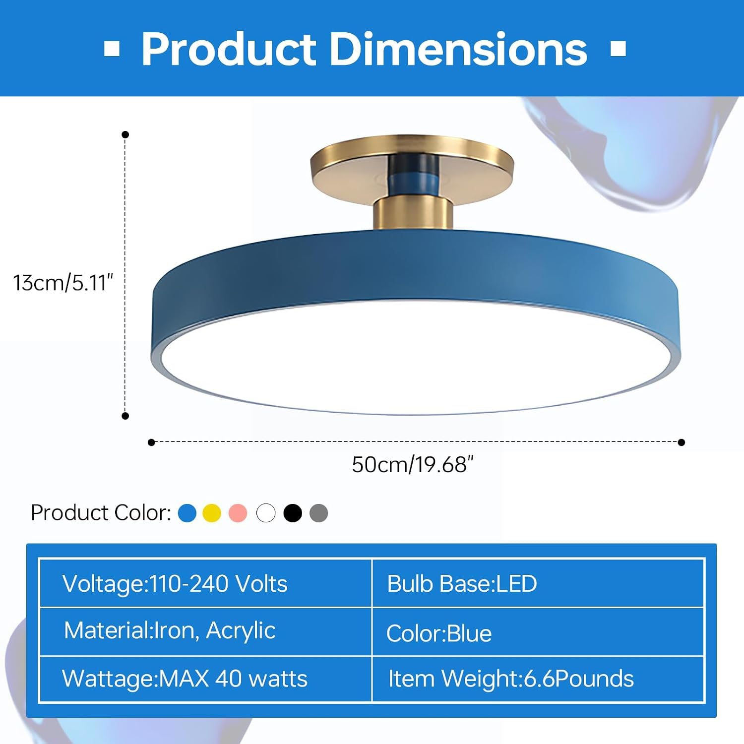 Ceiling Light 48W, 2-Pack LED Farmhouse Ceiling Liinging Blue Flush Mount Ceiling Lamp Gold Brass Metal Finish to Ceiling Light White Light Acrylic Round Shade Modern Light Fixtures for Porch