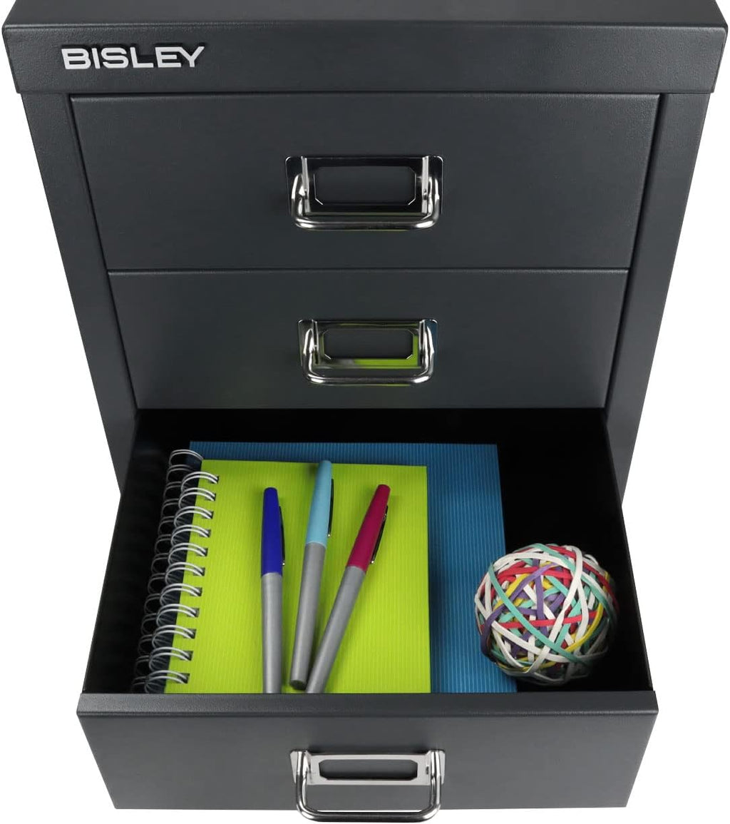 Bisley 3-Drawer Steel MultiDrawer Cabinet - Anthracite Grey | Chrome Pull Handles with Label Holders, Powder-Coated Steel, Removable Drawers, Desktop Storage, Labels Included