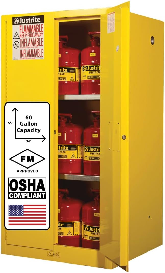Justrite 60 Gallon Manual Close Flammable Storage Cabinet, 18 Gauge Steel, 2 Shelves, 2 Door Fire Cabinet, 65' x 34' x 34', Made in The USA, Yellow, 896000