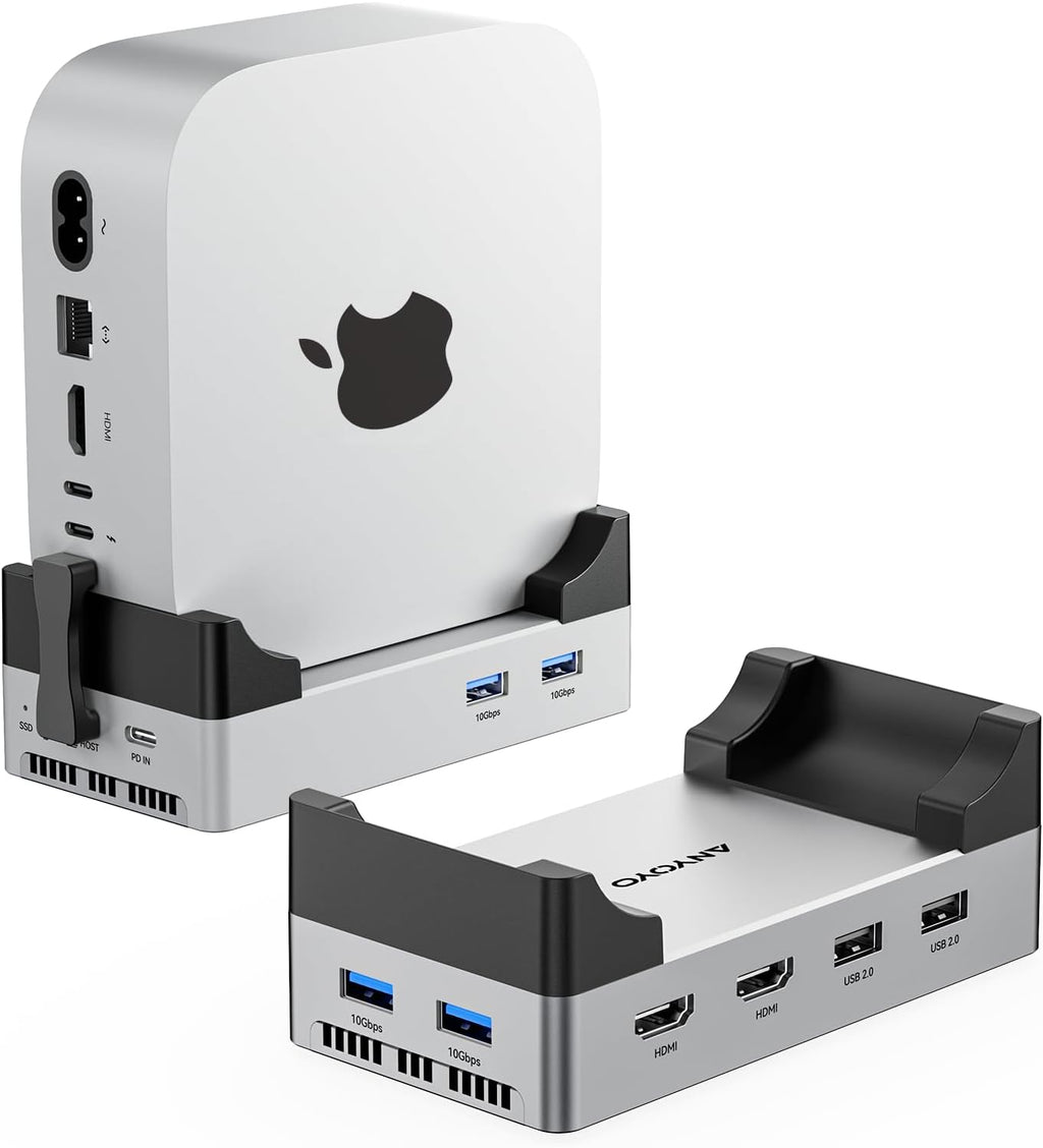 ANYOYO Mac mini M4 Dock, 40Gbps Docking Station Stand with 8TB M.2 NVMe SSD Enclosure, Dual HDMI 4K@60Hz, 4×USB-A (10Gbps), 2×USB-A 2.0, PD30W, Wi-Fi Friendly Design, USB Hub for Mac mini M4&M4 Pro