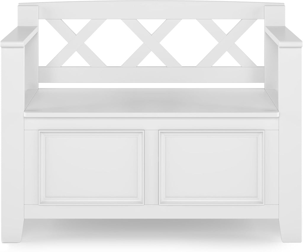 SIMPLIHOME Amherst Entryway Storage Bench - 36 inch Wide Solid Wood Hallway Bench in White, Transitional Bench for Entry or Mudroom with Lift-Up Lid, Storage Compartments and X-Back Detail