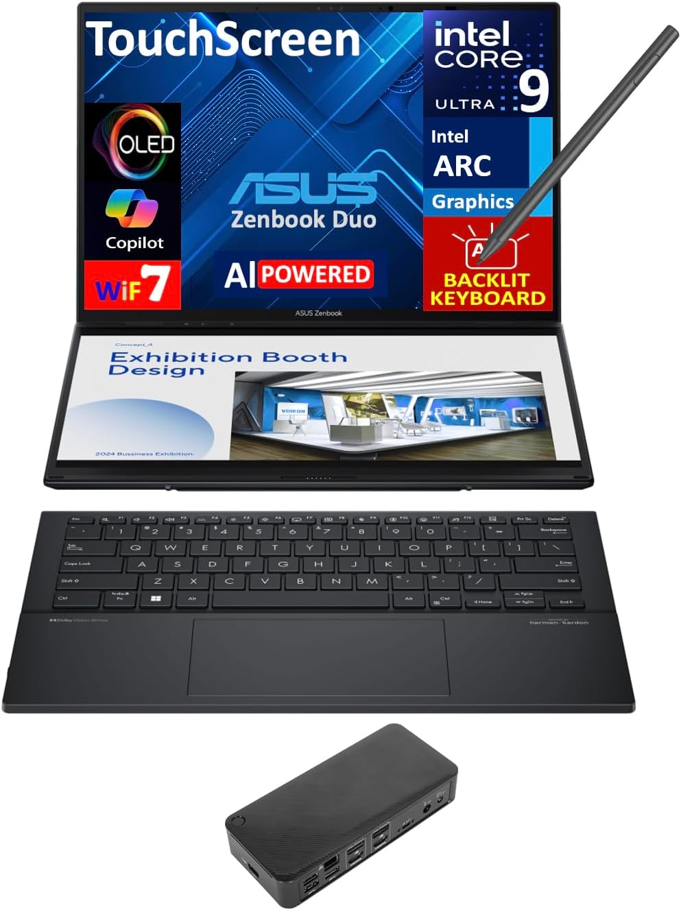 ASUS Zenbook Duo AI Powered 2-in-1 Laptop 14.0' Touchscreen OLED 2.8K Display (Intel Ultra 9-285H, 32GB LPDDR5X, 4TB PCIe SSD, Active Pen, Backlit KB, 2 Thunderbolt 4, WiFi 7, Win 11 Pro) w/USB-C Dock