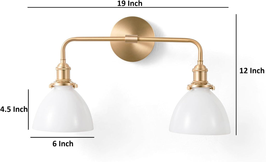 Gold Bathroom Vanity Light, Farmhouse Vintage Vanity Fixture with 2 Light Milk Glass, Brushed Gold Bathroom Light Fixtures (Bulb Included)