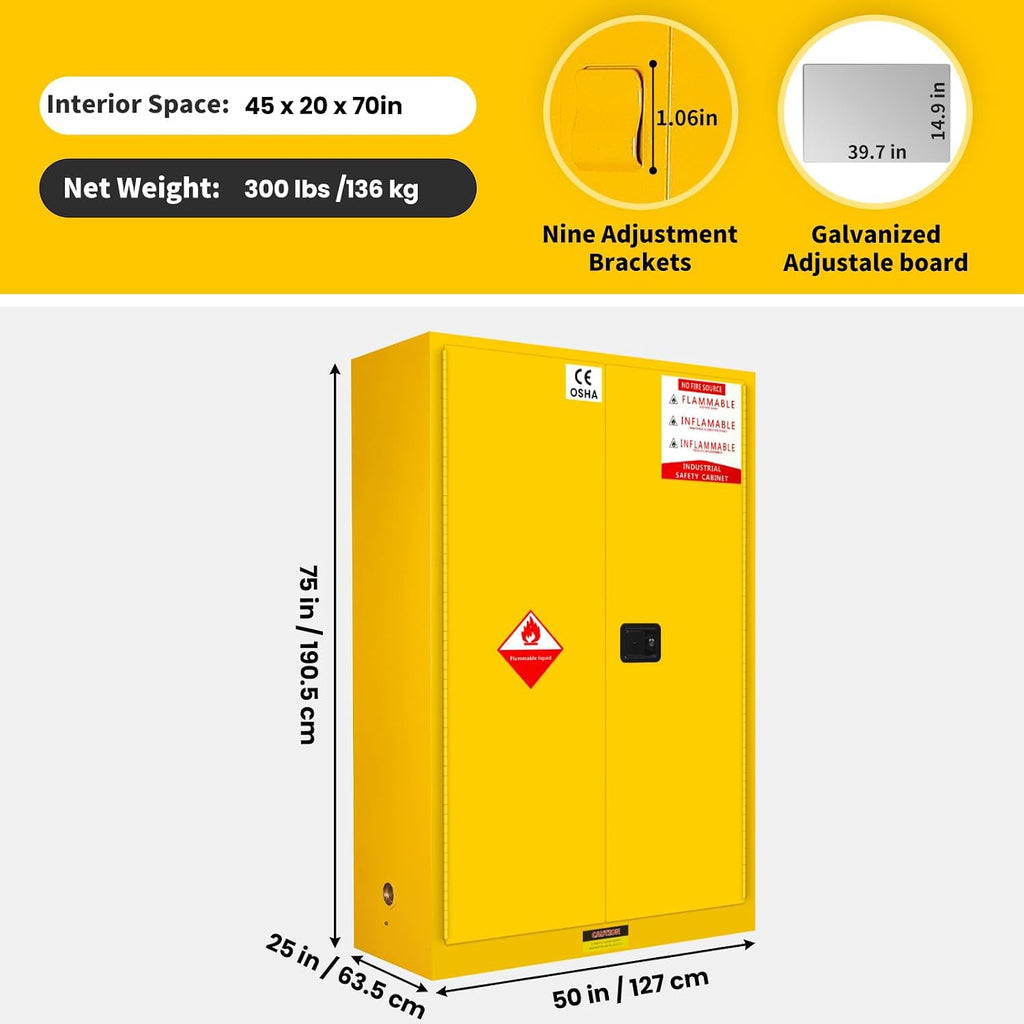 322 Gallon Flammable Cabinet 75H x 25W x 50D, Galvanized Steel Flammable Storage Cabinet, Adjustable Shelf for Commercial Industrial Home Use