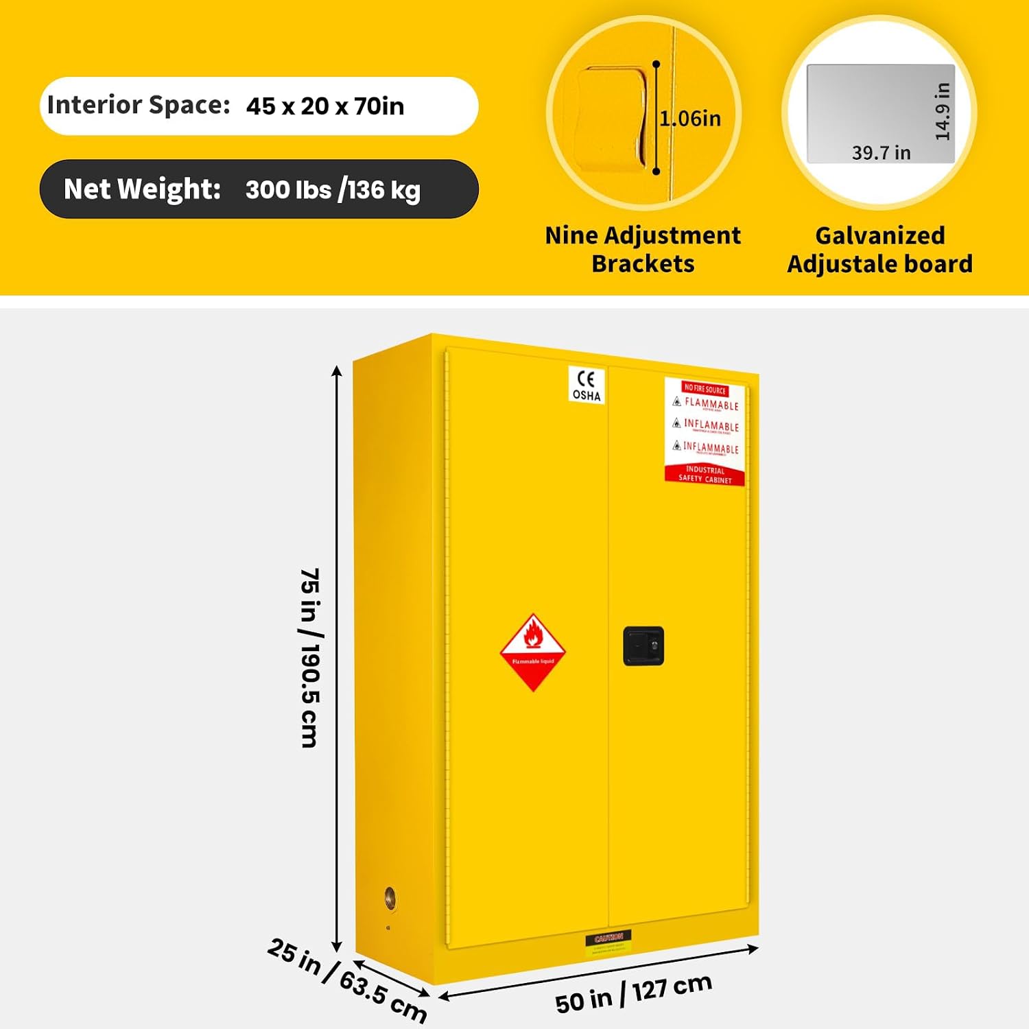 322 Gallon Flammable Cabinet 75H x 25W x 50D, Galvanized Steel Flammable Storage Cabinet, Adjustable Shelf for Commercial Industrial Home Use