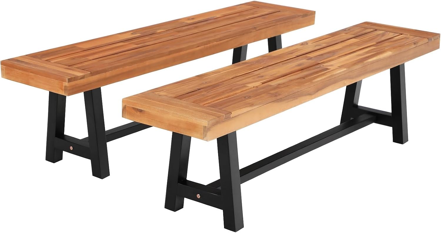 Sophia & William Outdoor Bench Garden Bench Wood 63', Patio Dining Bench Weatherproof, Wooden Park Front Porch Benches for Outside, Backless Acacia Wood Bench Long Narrow Clearance, 2 Pack, Teak