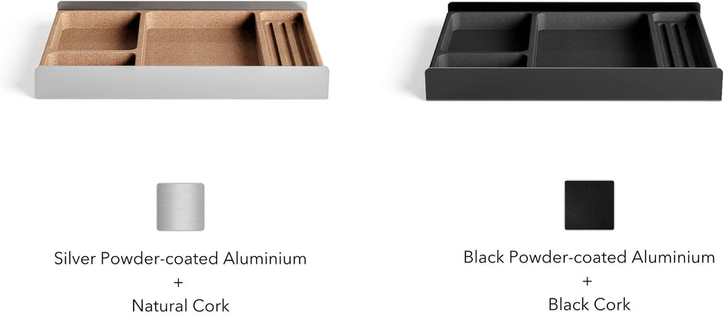 Desk Tray Organiser Drawer with Compartments Cork & Aluminium Catchall Valet Pen Tray for Cockpit Setup Desktop Storage Stationery Organizer (Light)