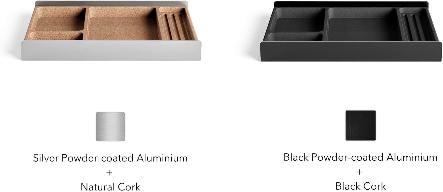 Desk Tray Organiser Drawer with Compartments Cork & Aluminium Catchall Valet Pen Tray for Cockpit Setup Desktop Storage Stationery Organizer (Light)