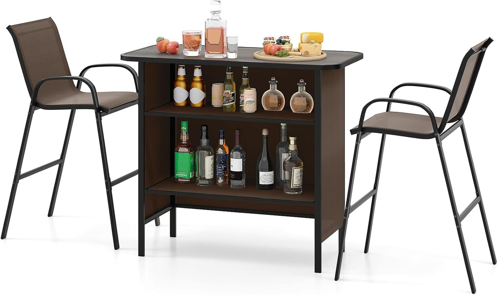 Tangkula 3 Piece Outdoor Bar Set, Patio Bar Height Table & Armchairs with Footrest, Wood Plastic Tabletop & 2-Tier Shelf, Heavy-Duty Metal Barstools & Table Furniture for Backyard, Poolside (Brown)