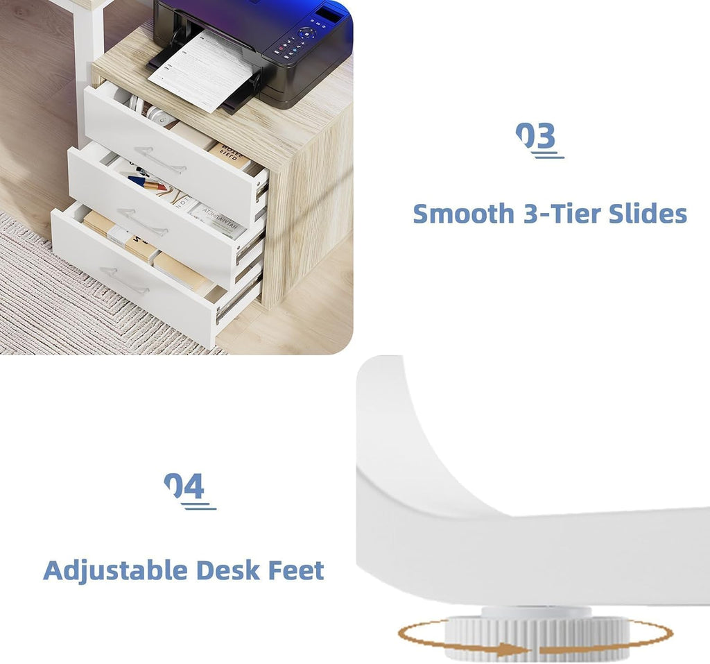MaverickFurni 67' Home Office Desk with Drawers, Reversible Computer Desk with Moniter Stand and LED Lights, Long Desk with Printer Shelf, White and Walnut
