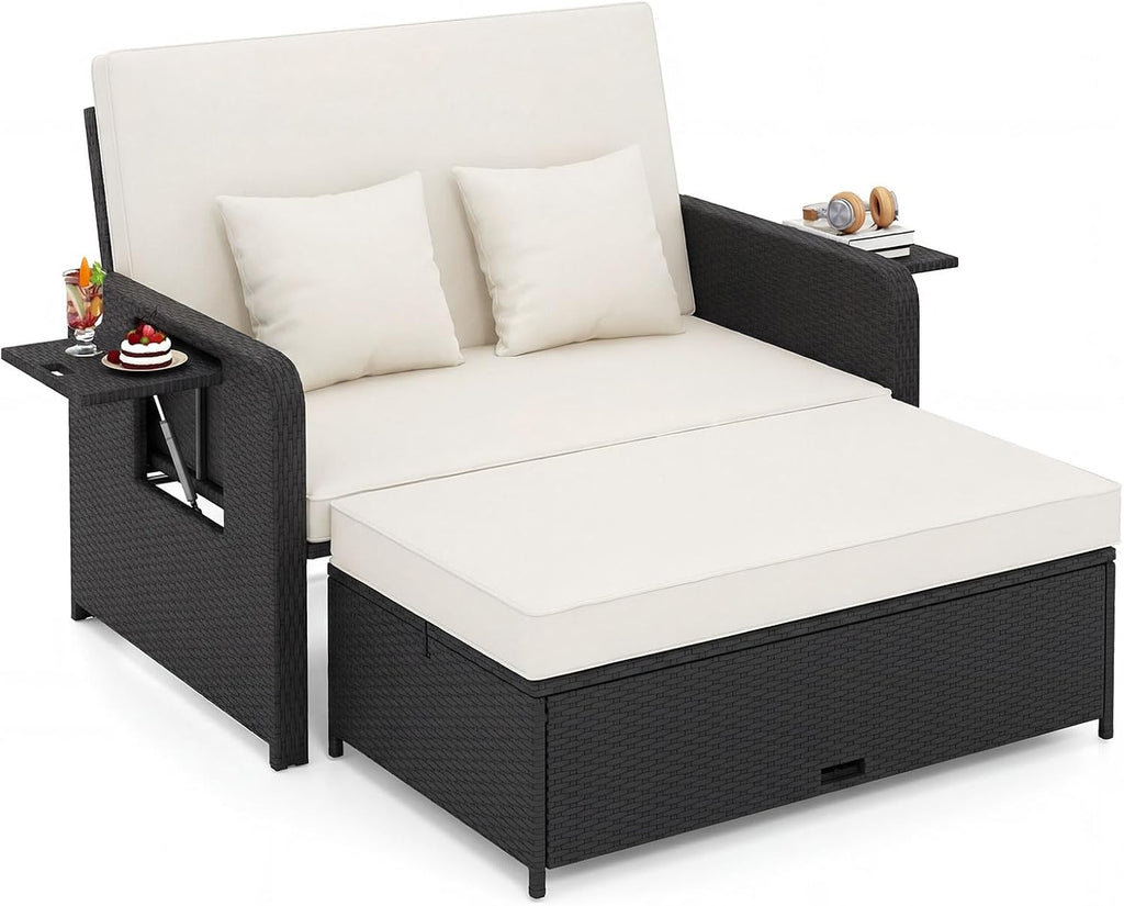 COSTWAY Patio Rattan Daybed with Cushions, Outdoor Wicker Loveseat Sofa with Storage Ottoman, 4-Level Adjustable Backrest, Bed Lounger for Yard, Balcony, Porch, Garden, Pool (Black+White)