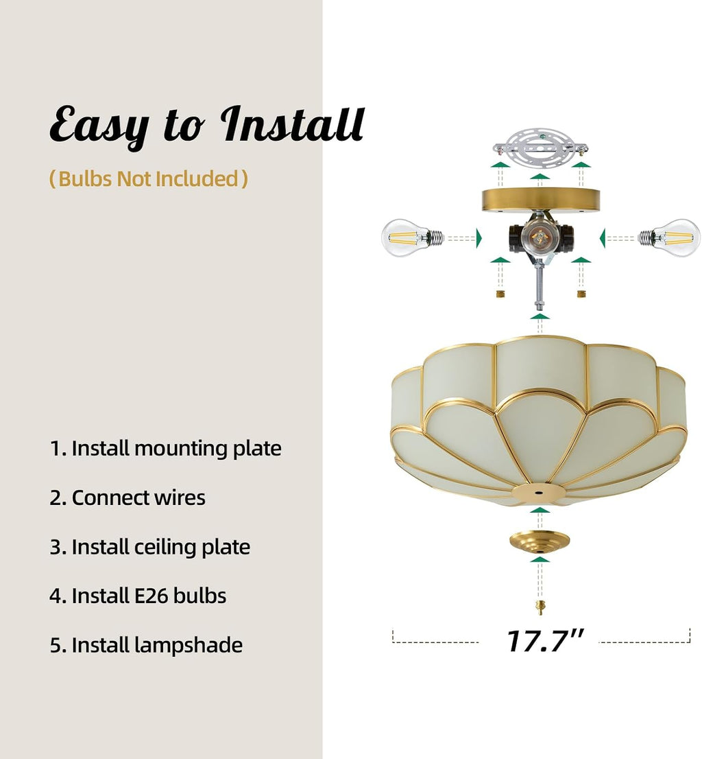Brass Vintage Gold Ceiling Light - Large 17.7 Inch Milk Glass Mid Century Flush Mount Lighting Fixtures - Art Deco Antique Modern Lamp for Hallway Bathroom Bedroom Kitchen Entryway Laundry Foyer Hall