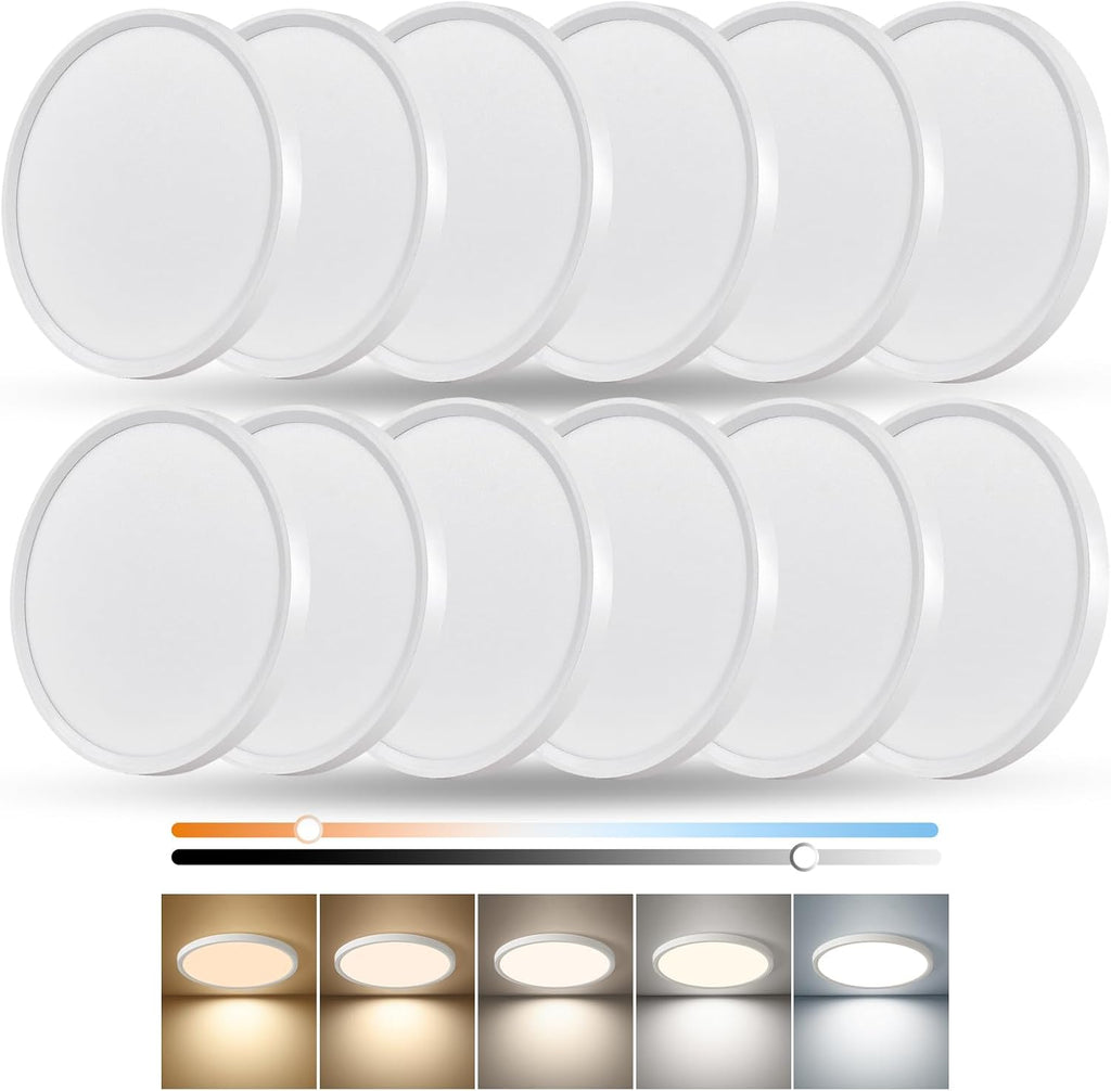 Dimmable 12Inch LED Flush Mount Ceiling Light, 24W, 2520LM, 2700K/3000K/4000K/5000K/6000K CCT Selectable,LED Round Flat Panel Light Dimmable from 5% to 100% for Bedroom,Kitchen,Hallway, White 12PK