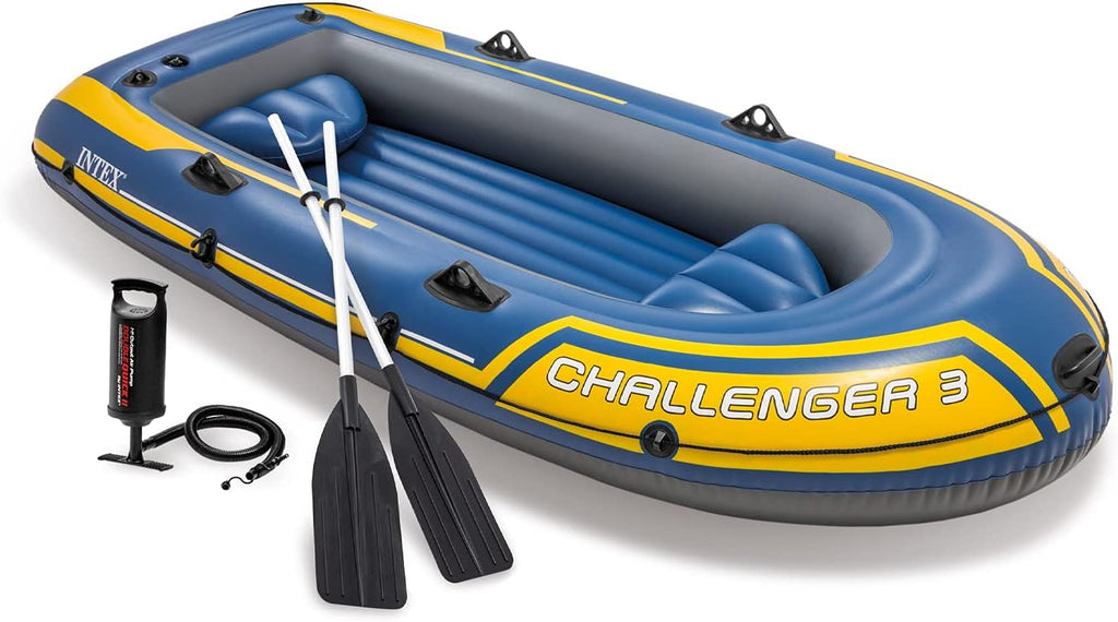 INTEX 68370EP Challenger 3 Inflatable Boat Set: Includes Deluxe 48in Boat Oars and High-Output Pump – Triple Air Chambers – Welded Oar Locks – 3 Person – 660lb Weight Capacity
