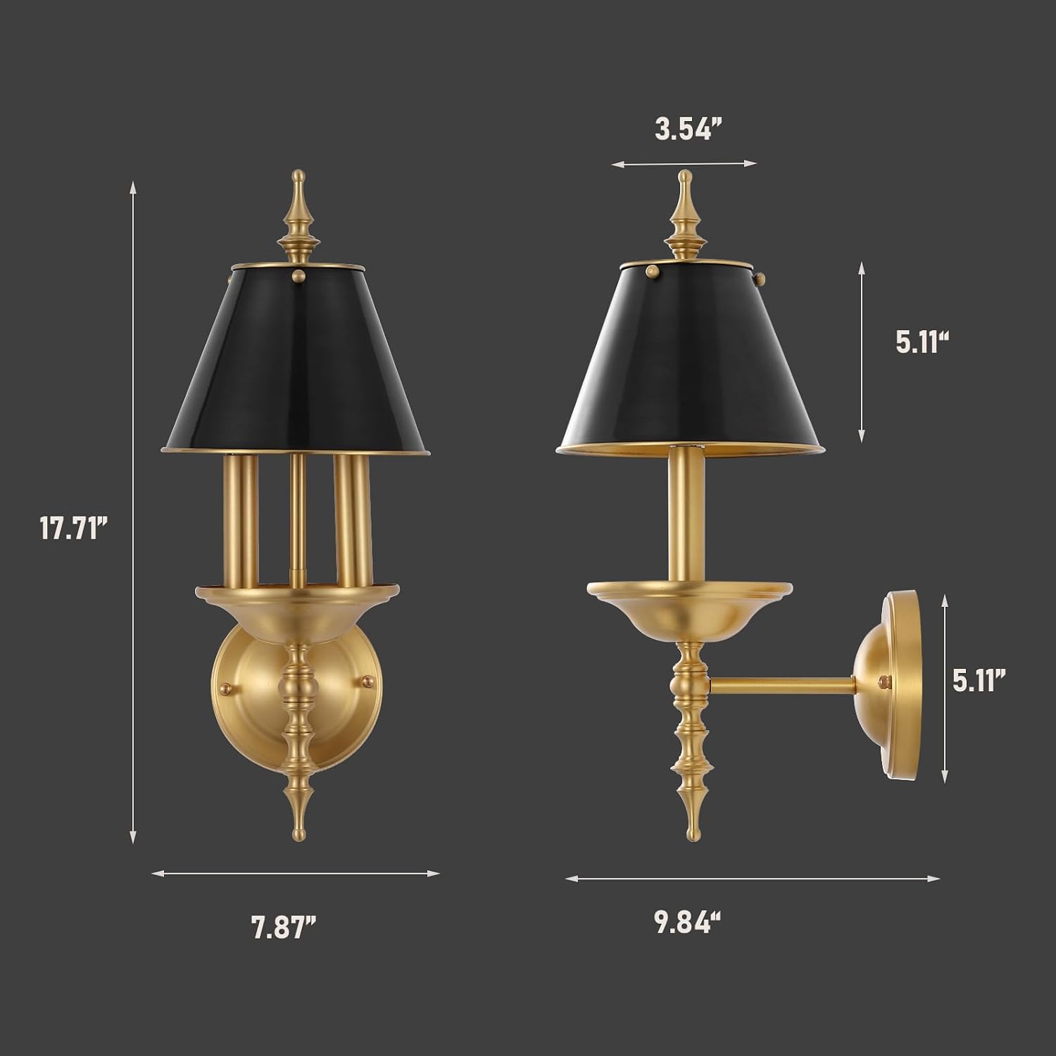 BYOLIIMA Brass Wall Sconce 2-Lights Modern Gold Black Bathroom Wall Lighting Vanity Light Fixtures Solid Copper Shade Industrial Wall Mount Lights for Bedroom Living Room E12