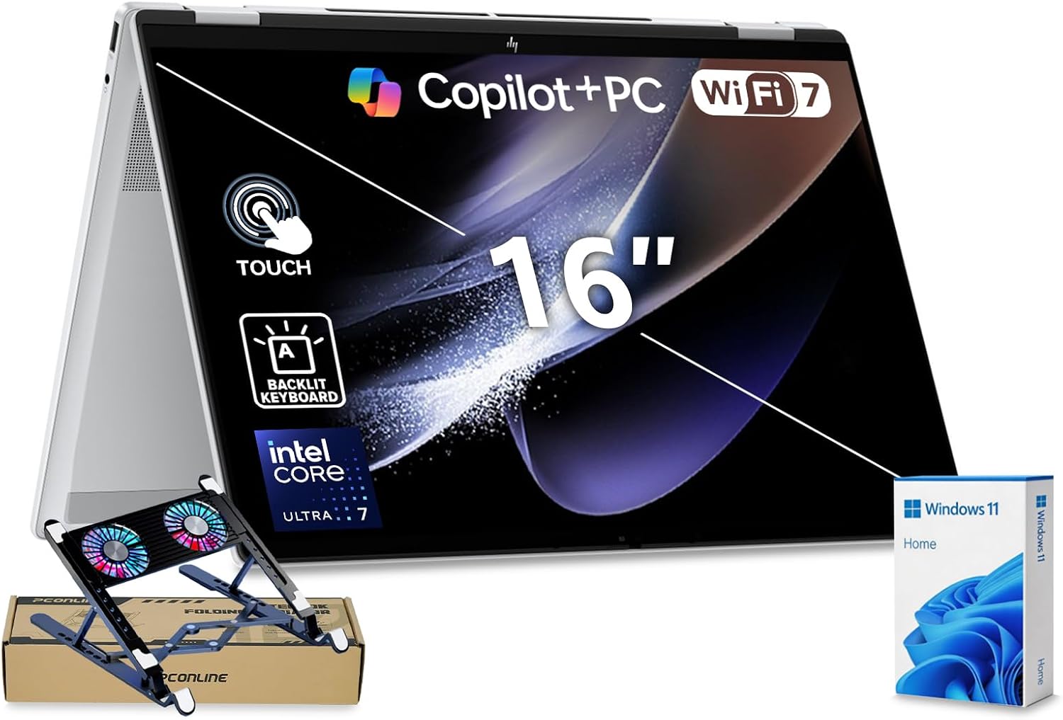HP OmniBook 7 Flip (Envy Next Branded) 16' 2-in-1 Business Laptop, FHD+Touchscreen, Intel Core Ultra 7 258V, 32GB Onboard RAM, 2TB SSD, Wi-Fi 7, Win11 H, Silver Bundle with PCO Laptop Cooler
