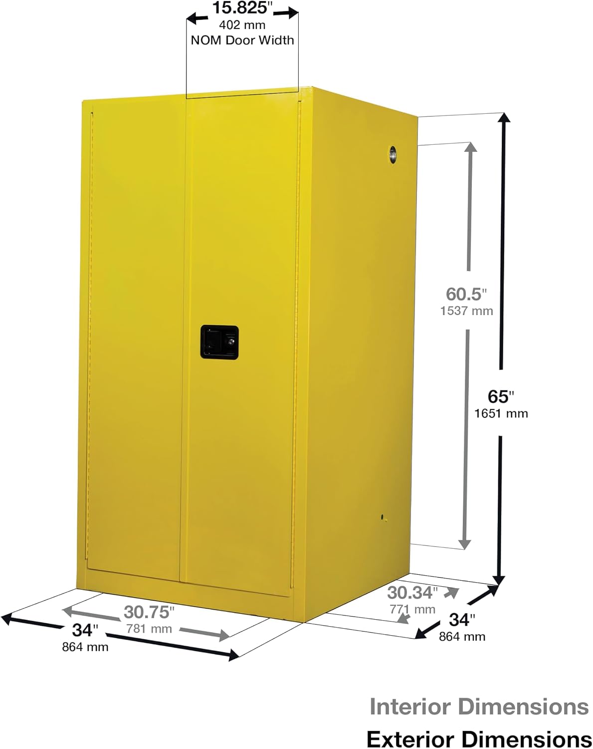 Justrite 60 Gallon Manual Close Flammable Storage Cabinet, 18 Gauge Steel, 2 Shelves, 2 Door Fire Cabinet, 65' x 34' x 34', Made in The USA, Yellow, 896000