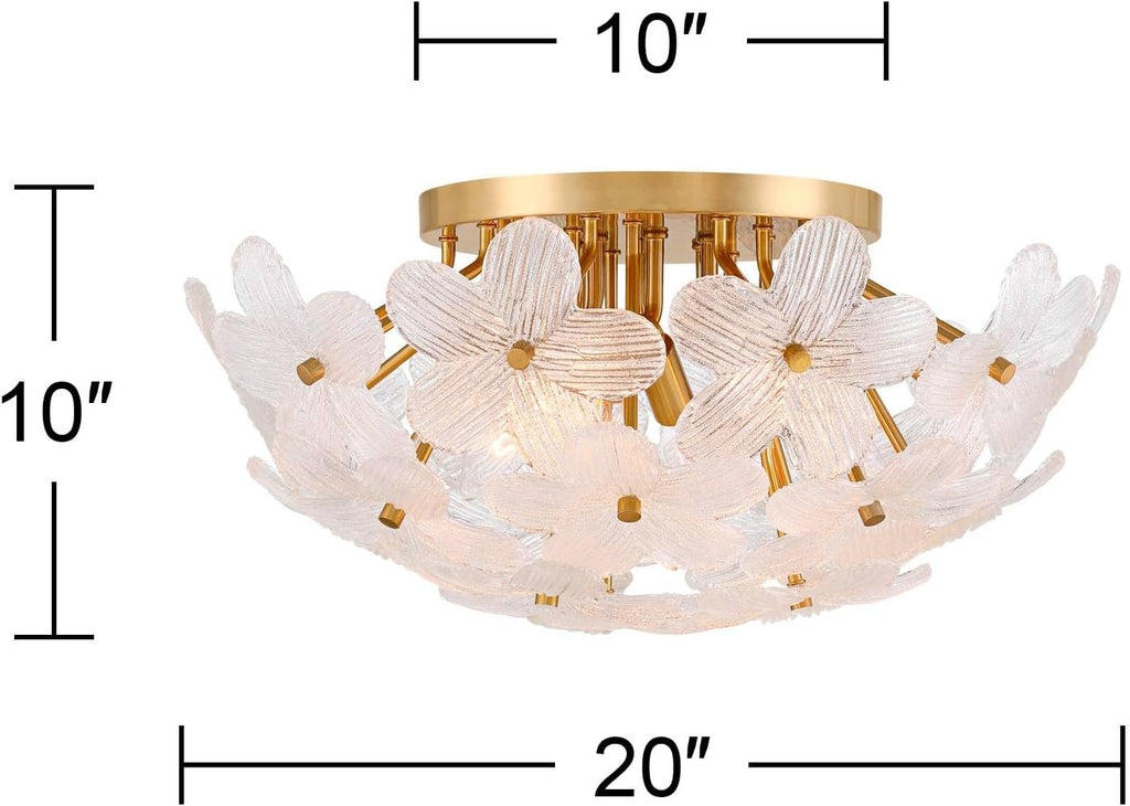 Possini Euro Design Filoli 20' Modern Semi Flush-Mount Ceiling Light Fixture Kitchen Foyer Hallway Flower Unique Gold Finish Glass Metal Bedroom Bathroom Entryway Living Room Indoor Office Small