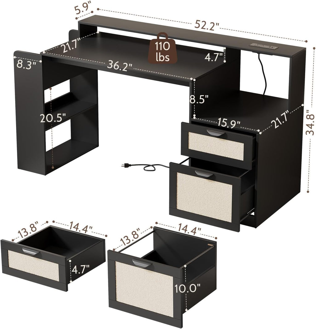 Farmhouse Computer Desk with Drawers and Power Outlets, 60' Home Office Desk with Adjustable File Drawer, Cat Scratching Pad, Printer Stand, Shelves & Monitor Riser, Black
