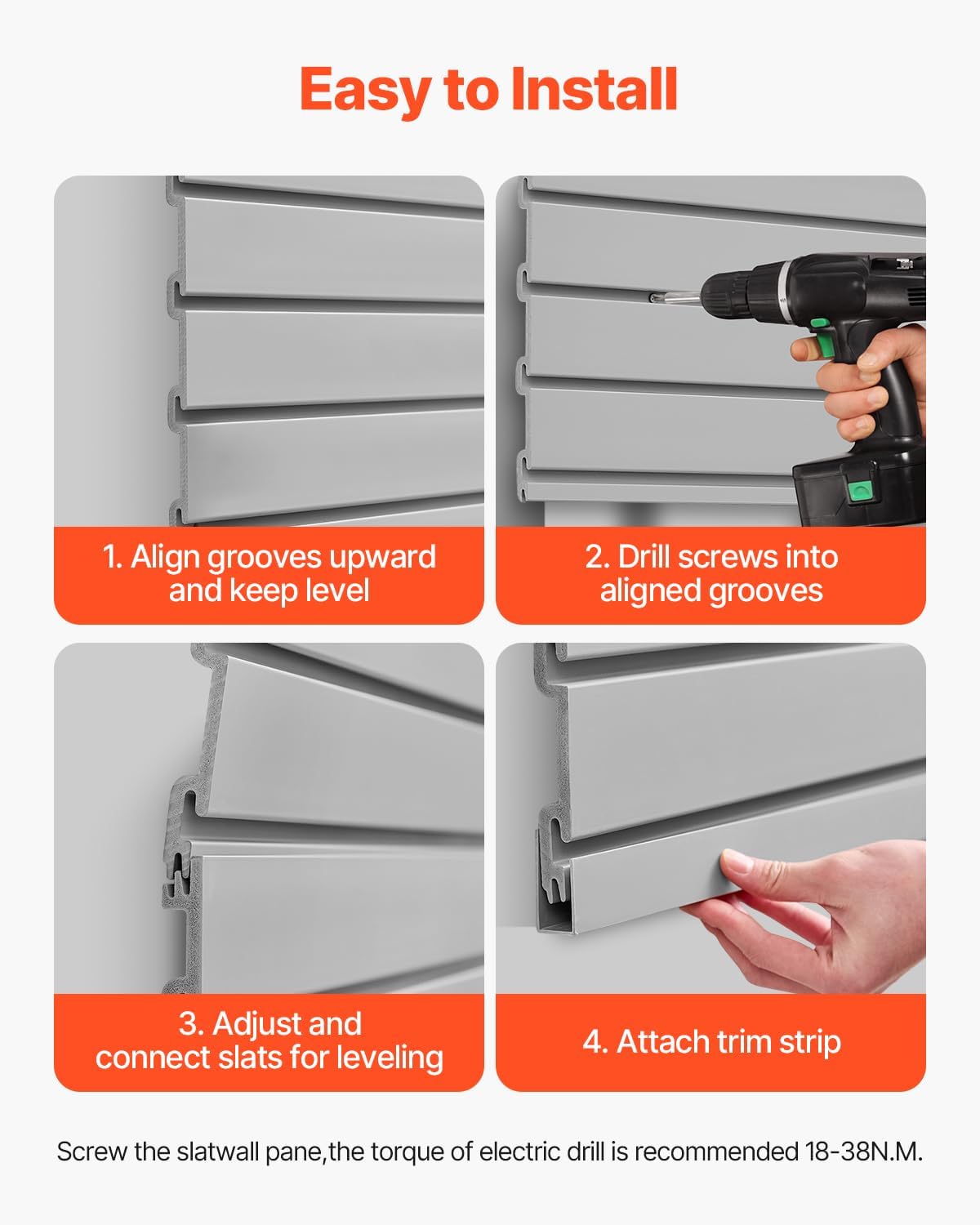 VEVOR Slat Wall Paneling, 8 x 4 ft, PVC Garage Slatwall with Accessories, Grey Slat Wall Easy-to-Install Adjustable Slatwall Panel with Coupling Structure & DIY Cutting, Fits for Storage & Display