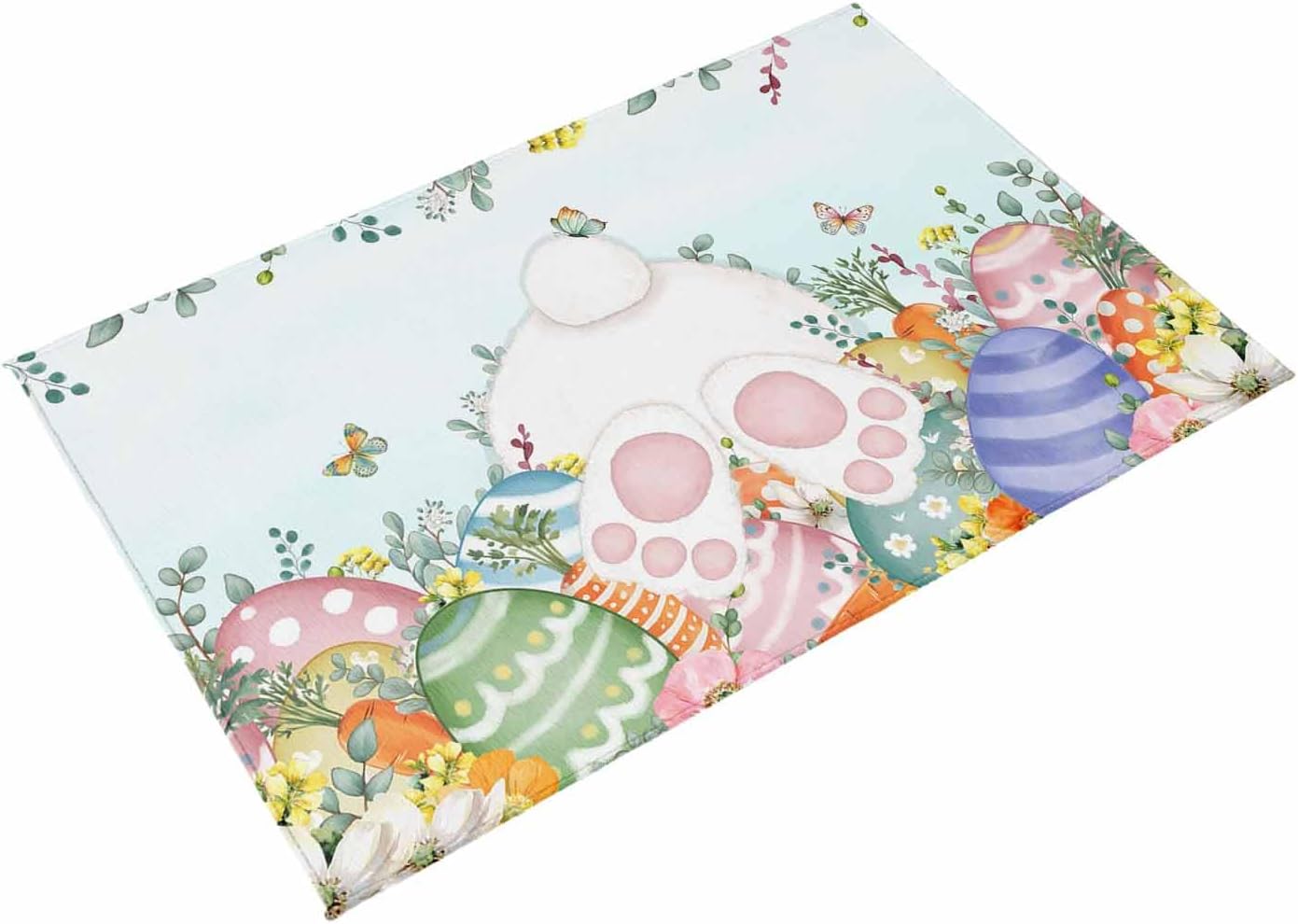 Cute Easter Bunny Outdoor Rug for Patio/Deck/Porch, Non-Slip Large Area Rug 6 x 9 Ft, Eucalyptus Leaves Colorful Eggs Teal Indoor Outdoor Rugs Washable Area Rugs, Reversible Camping Rug Carpet Runner