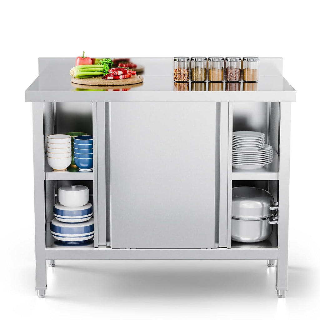 ROVSUN Commercial Heavy Duty Stainless Steel Prep Work Table with Backsplash & 2 Sliding Doors, Large Space Storage Cabinet, 39' x 19' Metal Table for Kitchen, Restaurant