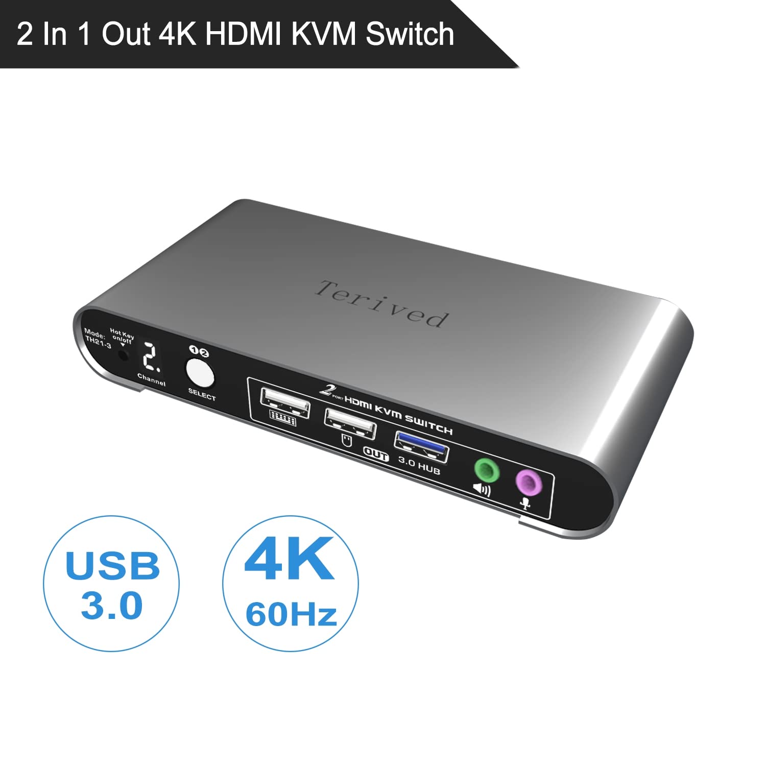 2 Port HDMI USB 3.0 KVM Switch with Aluminum Alloy Shell and Digital Display,Audio/Microphone, 4K@60Hz,hotkey,Auto EDID, HDR10 with Cables
