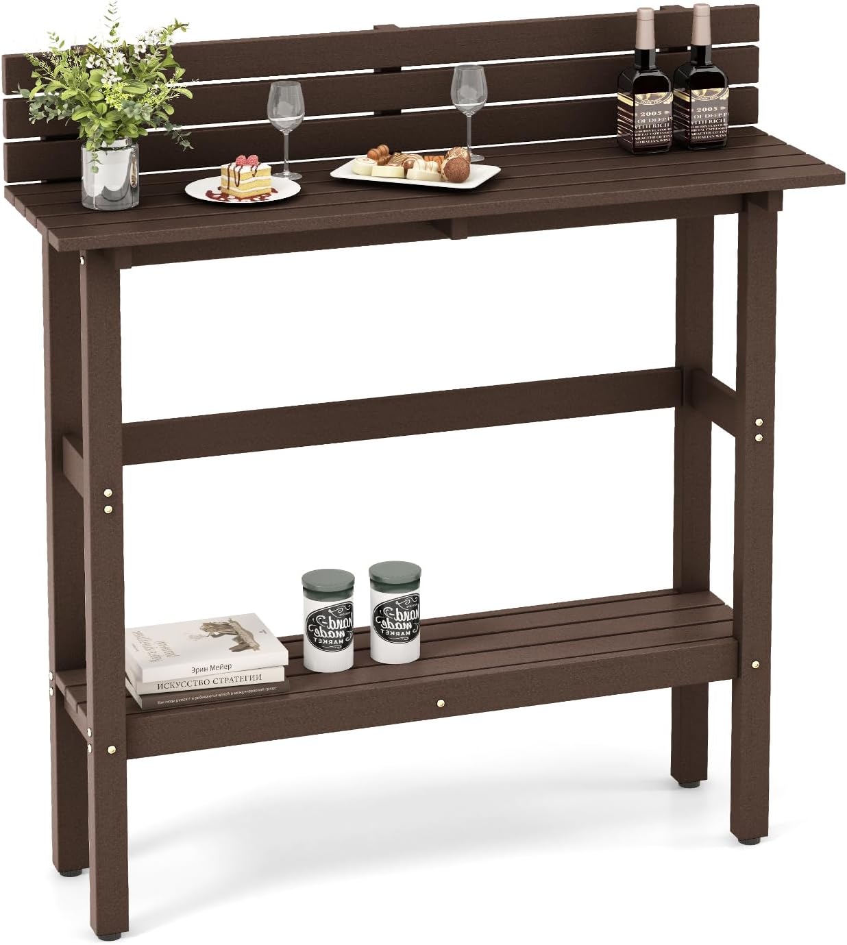 Tangkula Outdoor Bar Table, 48 Inch Patio Pub Height Table with Storage Shelf & Adjustable Foot Pads, All-Weather Bar Height Counter Table, Narrow Dining Table for Hot Tub, Garden & Backyard (Coffee)