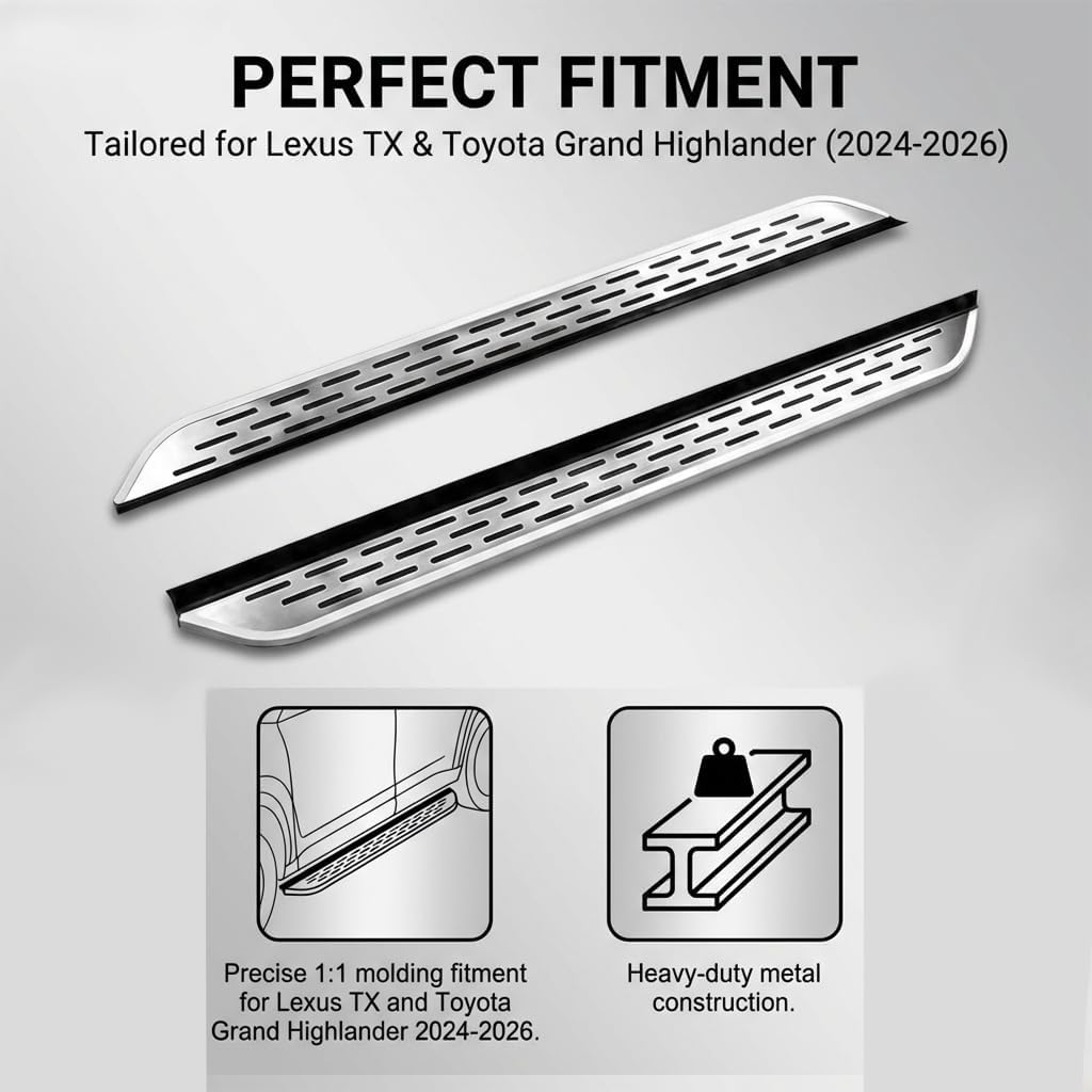 2Pcs Aluminum Running Board Side Steps Compatible with Lexus TX 350 500h 550h/ Toyota Grand Highlander 2024 2025 2026, Anti-Slip Step Pedal Door Fixed Nerf Bars Silver Rail Board, with Brackets