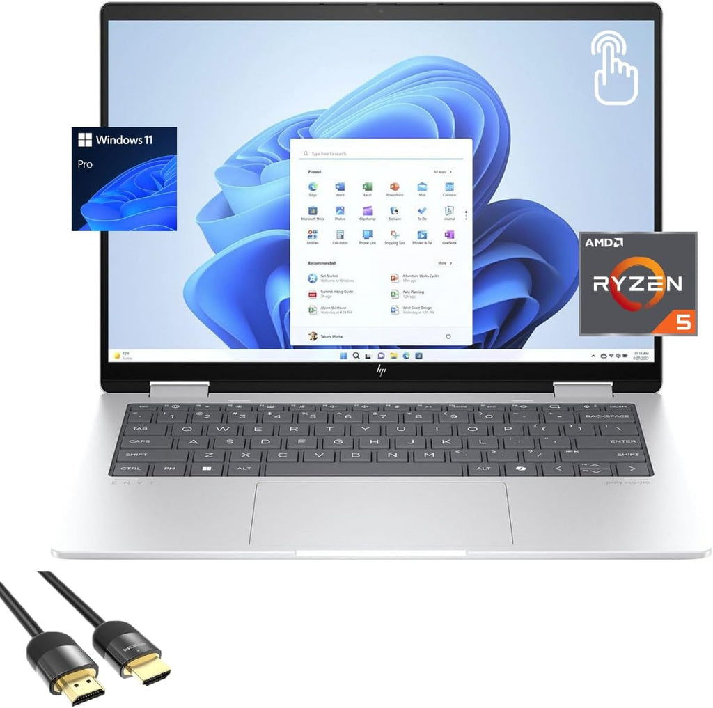 HP Envy 2-in-1 Laptop, 14' WUXGA IPS Touchscreen Display, Ryzen 5 8640HS (Up to 4.9Hz), 16GB DDR5, 512GB PCIe 4.0, Backlit KB, WiFi 6E, USB-C, BT, HDMI, Long Battery Life, PDG HDMI Cable, Win 11 Pro