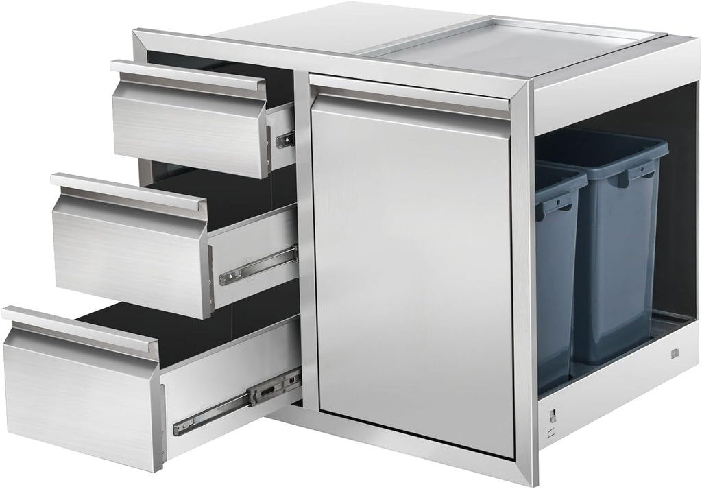 Outdoor Kitchen Drawer Combo Cabinet Stainless Steel Triple Drawers & Trash Drawer with 2 Trash Cans, 28' W x 22' H x 19.5' D Outdoor Kitchen Cabinets for BBQ Grill Station