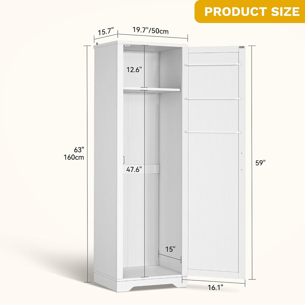 DWVO Broom Closet Storage Cabinet, Wooden Organizer for Mops, Brooms, and Bucket Vacuum Cleaners with Upper Shelf and Towel Hanging Options