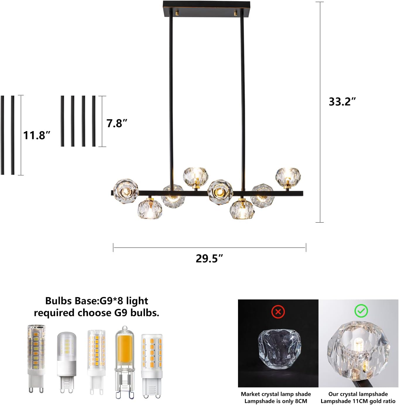 Modern Crystal Chandelier Dining Room Light fixtures Black Chandeliers with Crystal Ball Shade 8-Lights Industrial Globe Hanging Pendant Lighting for Kitchen Island,Living Room,Dining Room