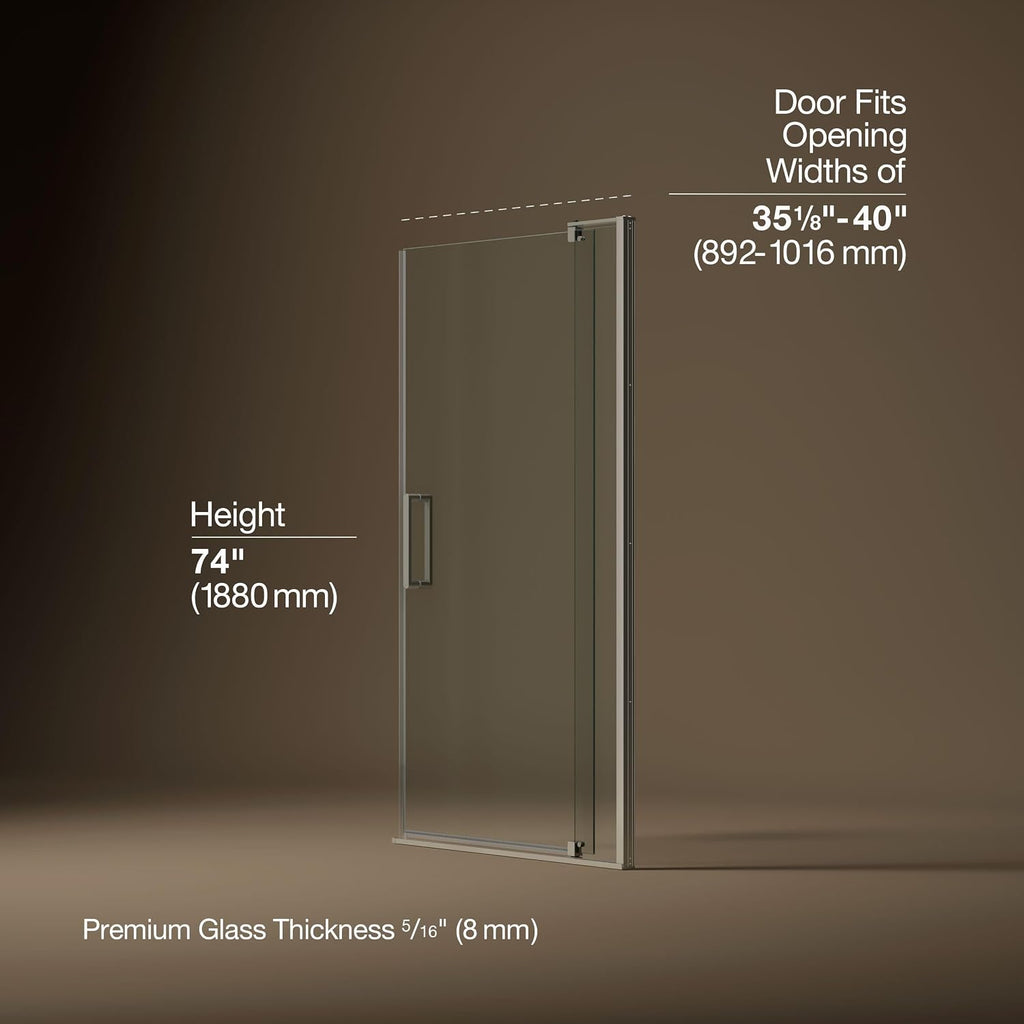 KOHLER pivot shower door, 74'H x 35-1/8-40'W, with 5/16' thick Crystal Clear glass