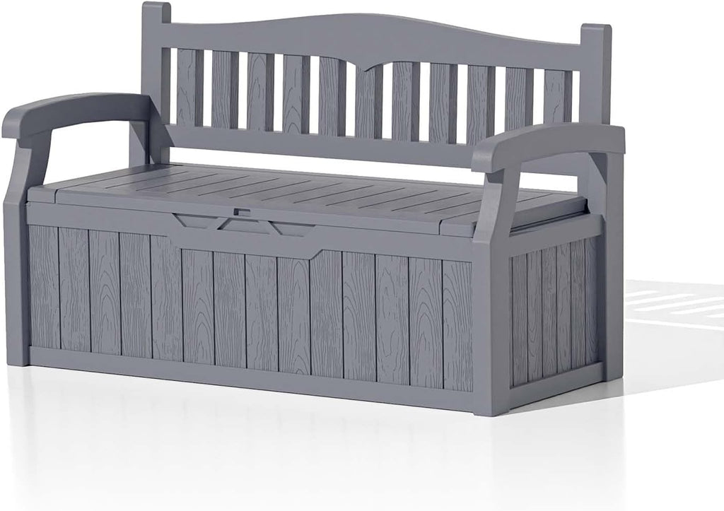 Patiowell 75 Gallon Plastic Storage Bench, Water-Resistant Deck Box for Patio Furniture, Garden Tools, Pool Storage and Outdoor Cushions, Grey