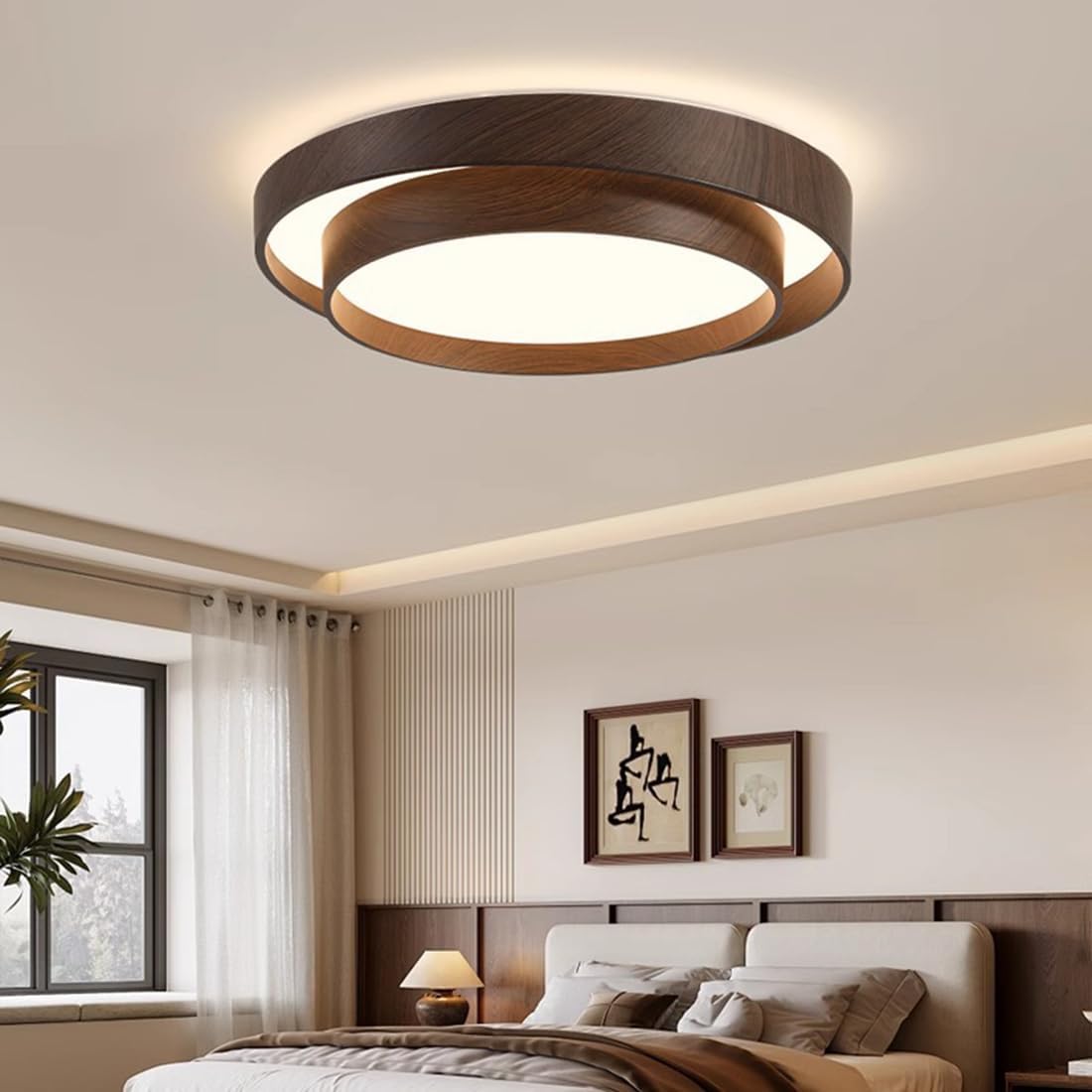Bedroom Ceiling Light Contemporary LED Close to Ceiling Light Fixtures 19.7 Inch Wood Grain Decaration 2-Layer 3000K 48W LED Flush Mount Light for Hallway Living Room Kitchen