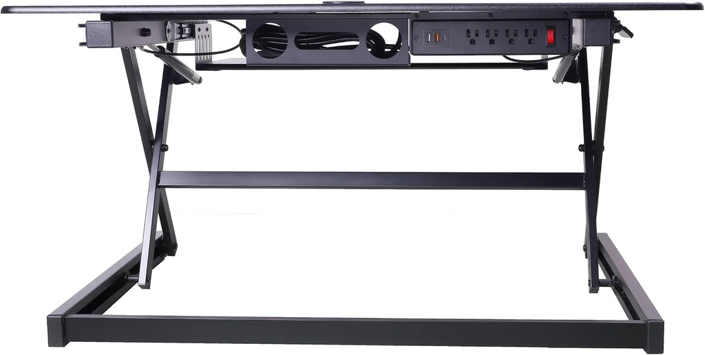Rocelco 40' Height Adjustable Standing Desk Converter with AC Outlet USB Charger and Anti-Fatigue Floor Mat - Sit Stand Up Tabletop Riser - Sliding Keyboard Tray - Black (R DADRB-40-ACUSB-MAFM)