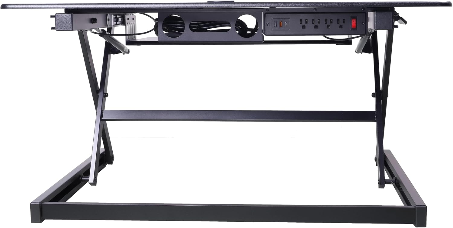 Rocelco 40' Height Adjustable Standing Desk Converter with AC Outlet USB Charger and Anti-Fatigue Floor Mat - Sit Stand Up Tabletop Riser - Sliding Keyboard Tray - Black (R DADRB-40-ACUSB-MAFM)