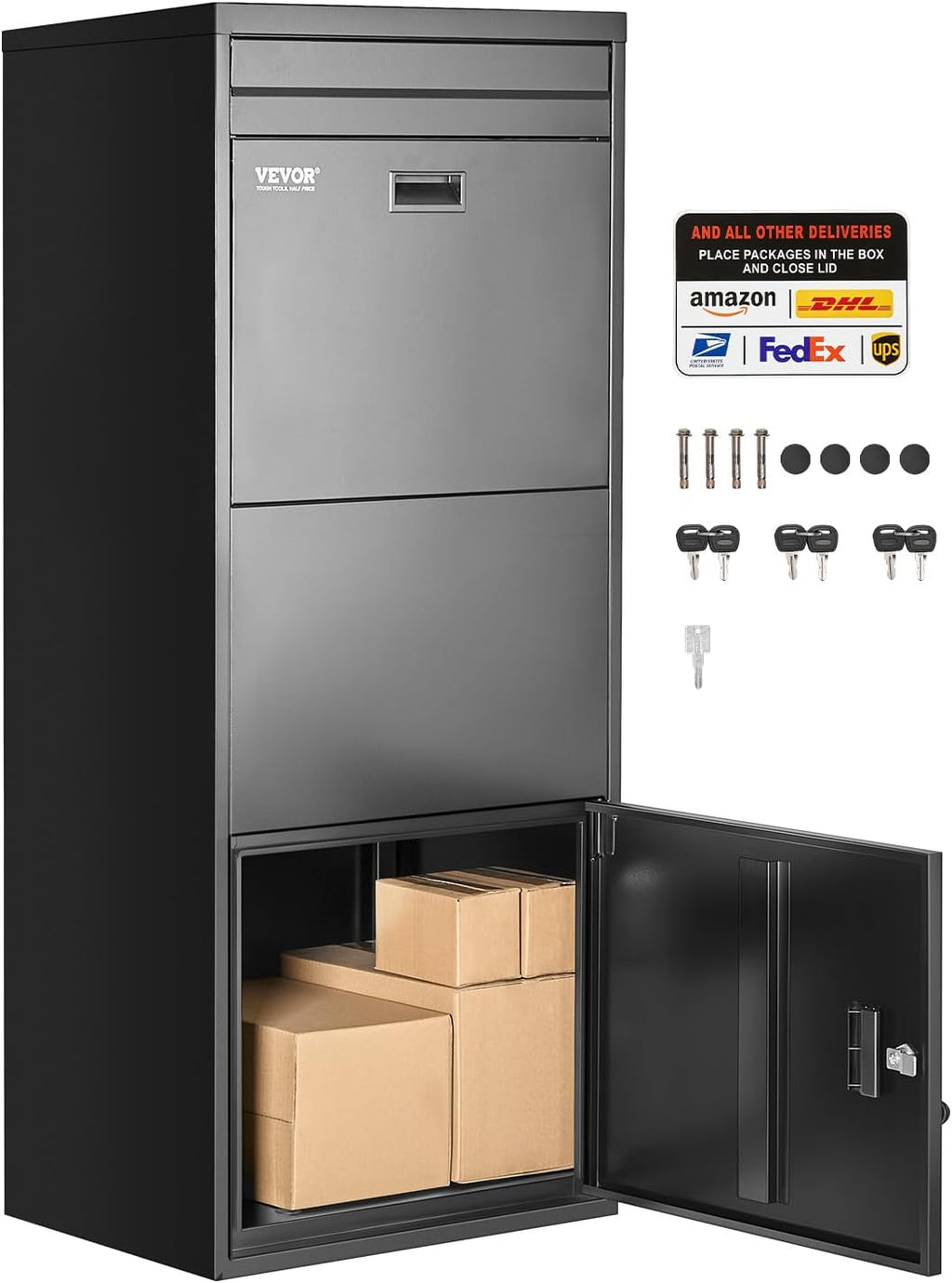 VEVOR Package Delivery Boxes for Outside, 47.2 in Mailbox for Parcel with Lock, Galvanized Steel Package Drop Box with Anti-Theft Design, Weather-Resistant Package Mailbox for Home and Office, Black